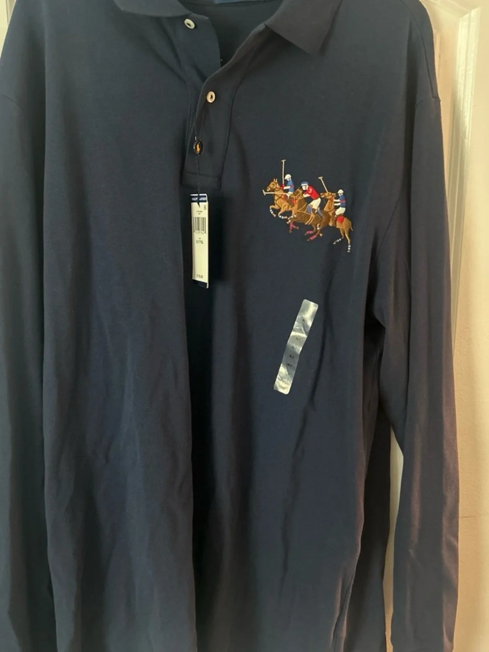 Men's Navy Long-Sleeve Polo Shirt with Polo Player Embroidery